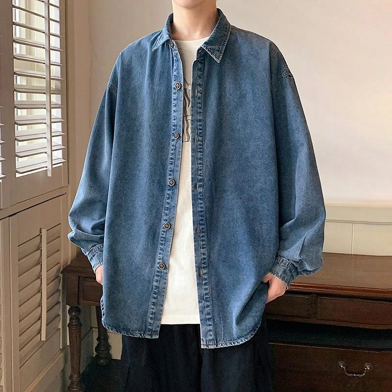 雅鹿 纯色基础水洗做旧休闲百搭时尚翻领落肩长袖牛仔夹克外套 男女同款 蓝色