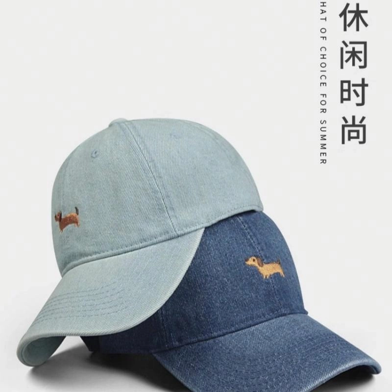 钓鱼熊 可爱刺绣小狗水洗牛仔春秋日系大头围显脸小软顶 棉 鸭舌帽 男女同款情侣款