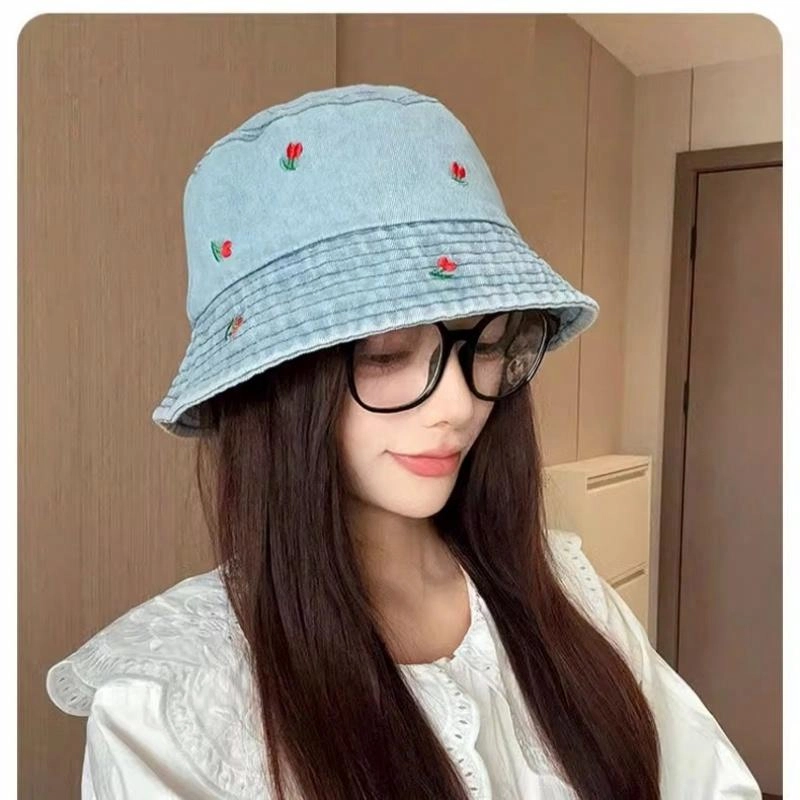 优莲茵 韩版百搭时尚带刺绣樱桃图案宽檐遮阳盆帽 春夏防晒 大头围显脸小牛仔 聚酯纤维 渔夫帽 女款