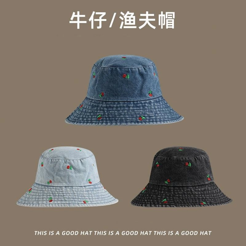 优莲茵 韩版百搭时尚带刺绣樱桃图案宽檐遮阳盆帽 春夏防晒 大头围显脸小牛仔 聚酯纤维 渔夫帽 女款