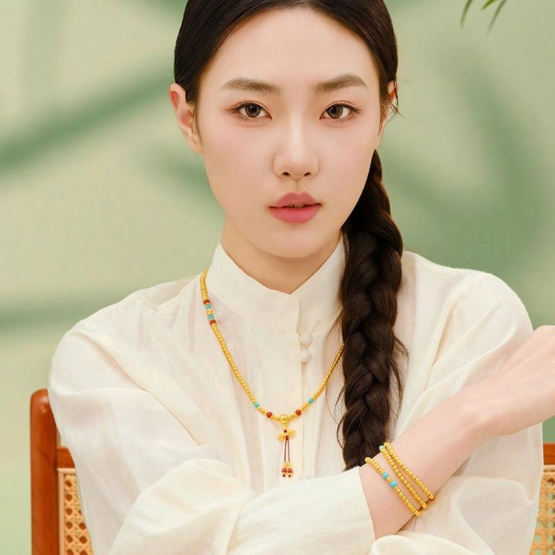 中鑫珠宝 古法三圈金刚杵串珠玉髓隔珠 足金 按克计价 黄金手串 女款