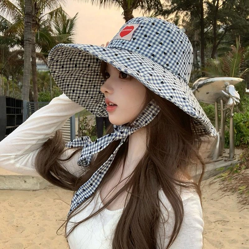 艾佳微 可爱少女感日常简约格纹爱心防晒遮阳帽大头围显脸小 棉 渔夫帽 男女同款情侣款