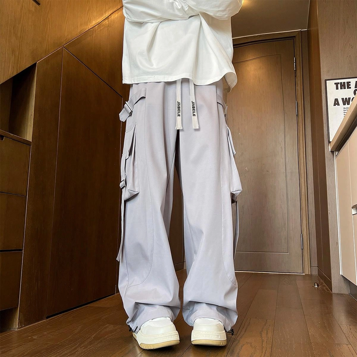 金贝勒 字母中腰系带透气百搭宽松工装裤 男女同款