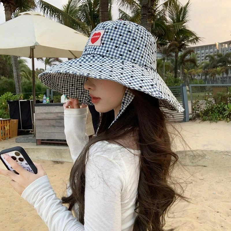艾佳微 可爱少女感日常简约格纹爱心防晒遮阳帽大头围显脸小 棉 渔夫帽 男女同款情侣款