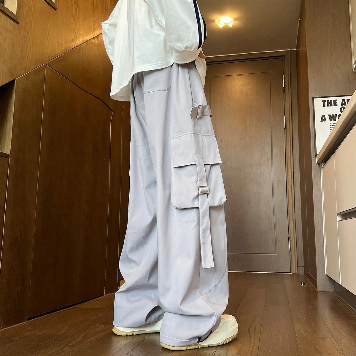 金贝勒 字母中腰系带透气百搭宽松工装裤 男女同款