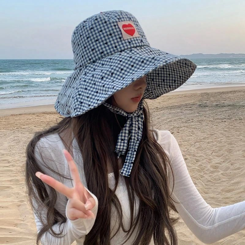 艾佳微 可爱少女感日常简约格纹爱心防晒遮阳帽大头围显脸小 棉 渔夫帽 男女同款情侣款