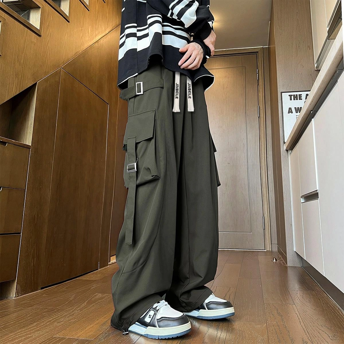 金贝勒 字母中腰系带透气百搭宽松工装裤 男女同款