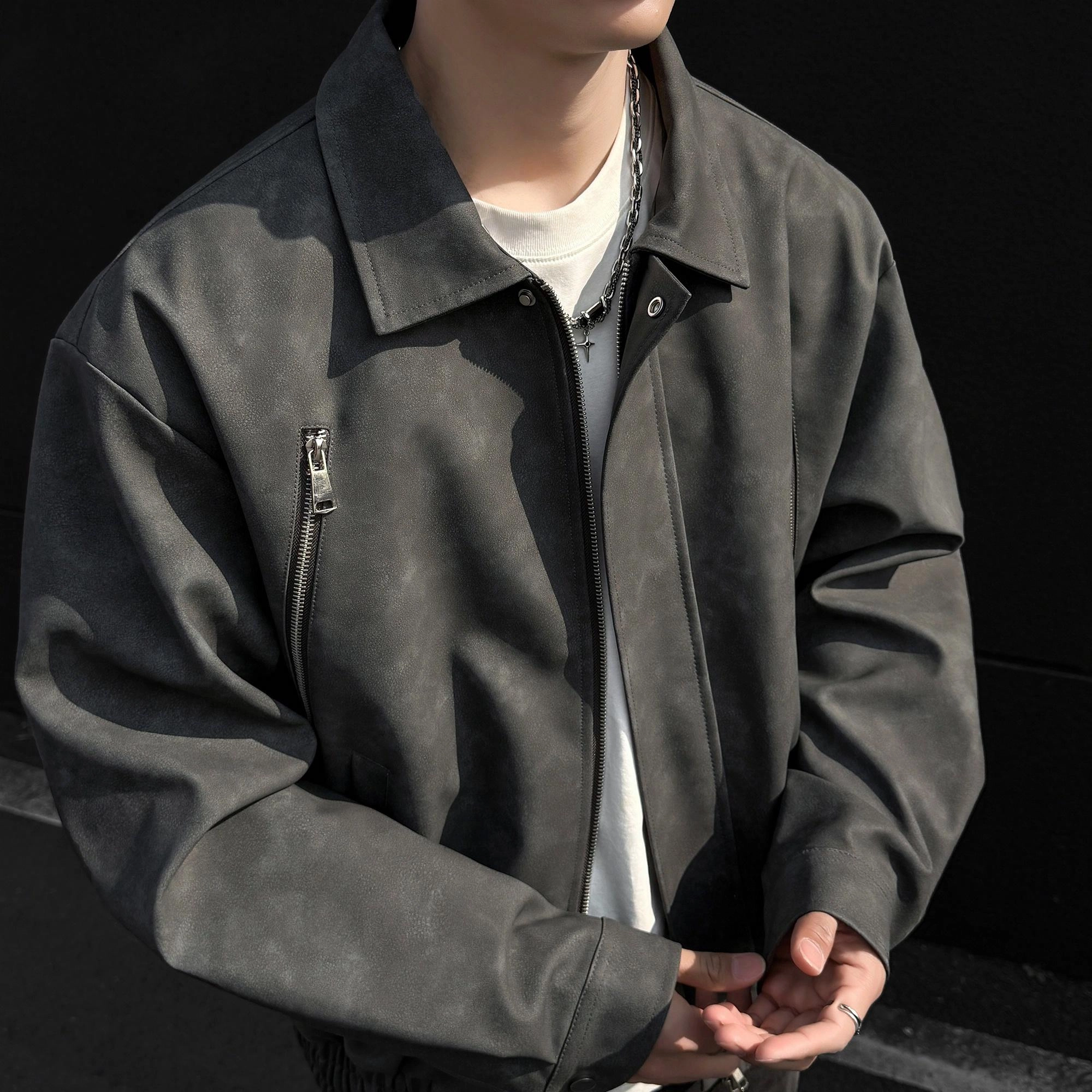 雅鹿 美式复古纯色百搭宽松休闲运动拉链做旧翻领落肩长袖夹克外套 男女同款