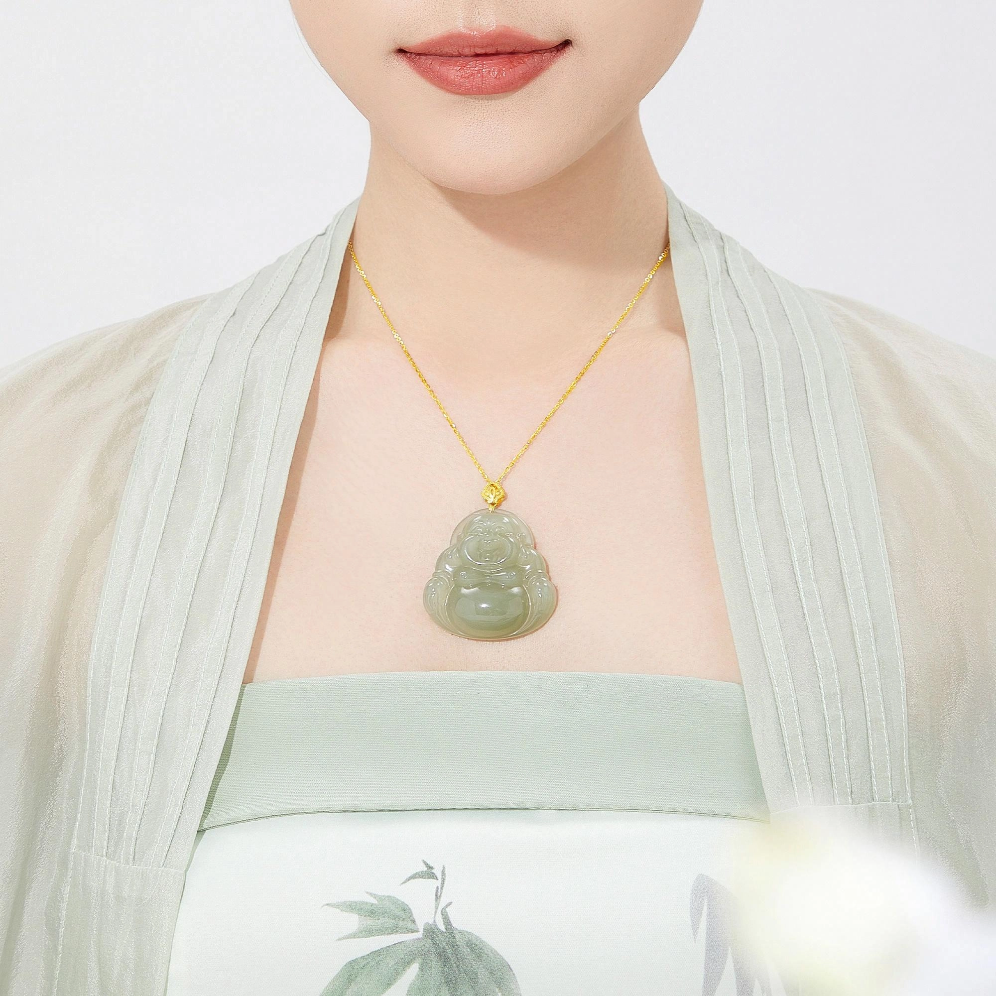 老凤祥 吉祥佛公 福佑转运 和田玉项链 青玉 男女同款情侣款