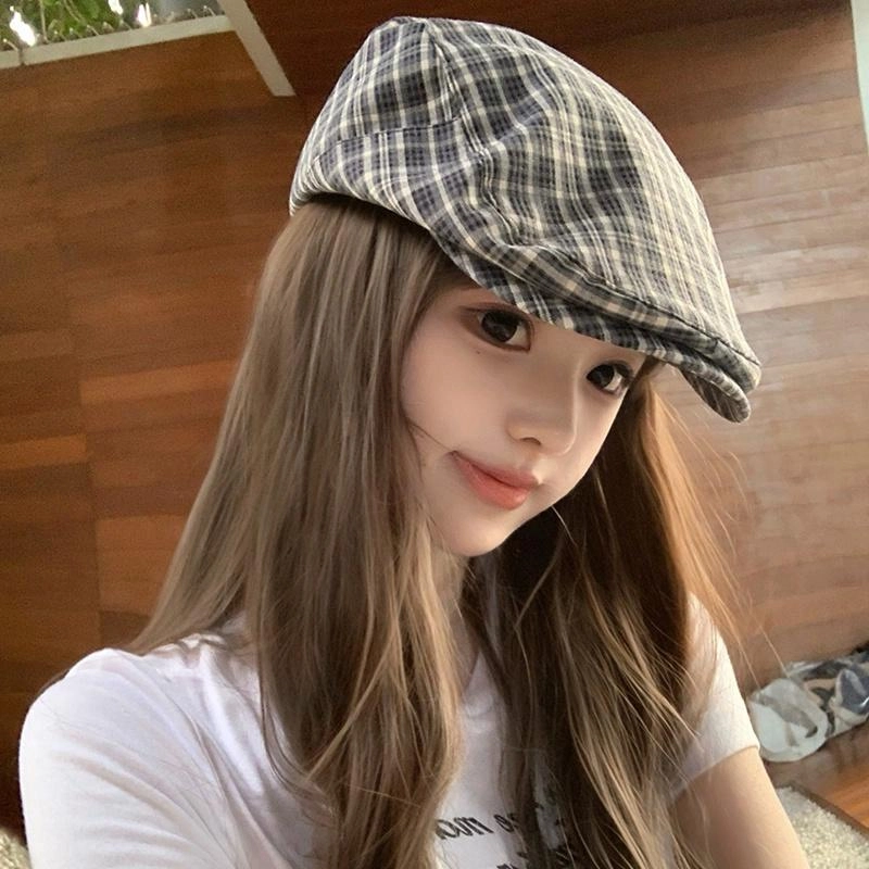 艾佳微 时尚格子少女感 韩系简约百搭户外防晒遮阳 棉 贝雷帽 男女同款情侣款