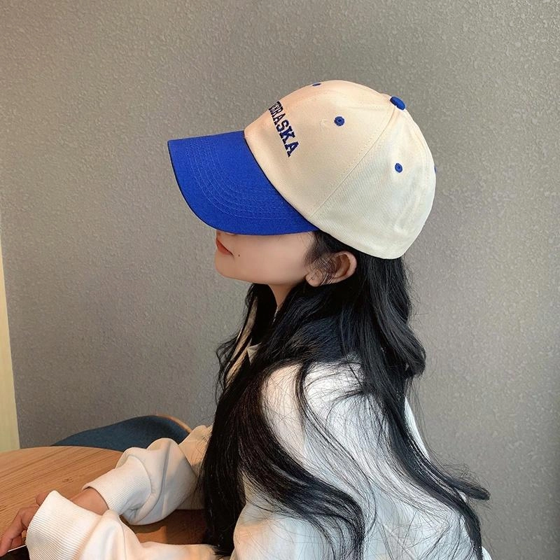 艾佳微 韩系小众设计款拼接纯色简约大头围显脸小户外遮阳防晒帽字母潮流多色可选 棉 鸭舌帽 男女同款情侣款
