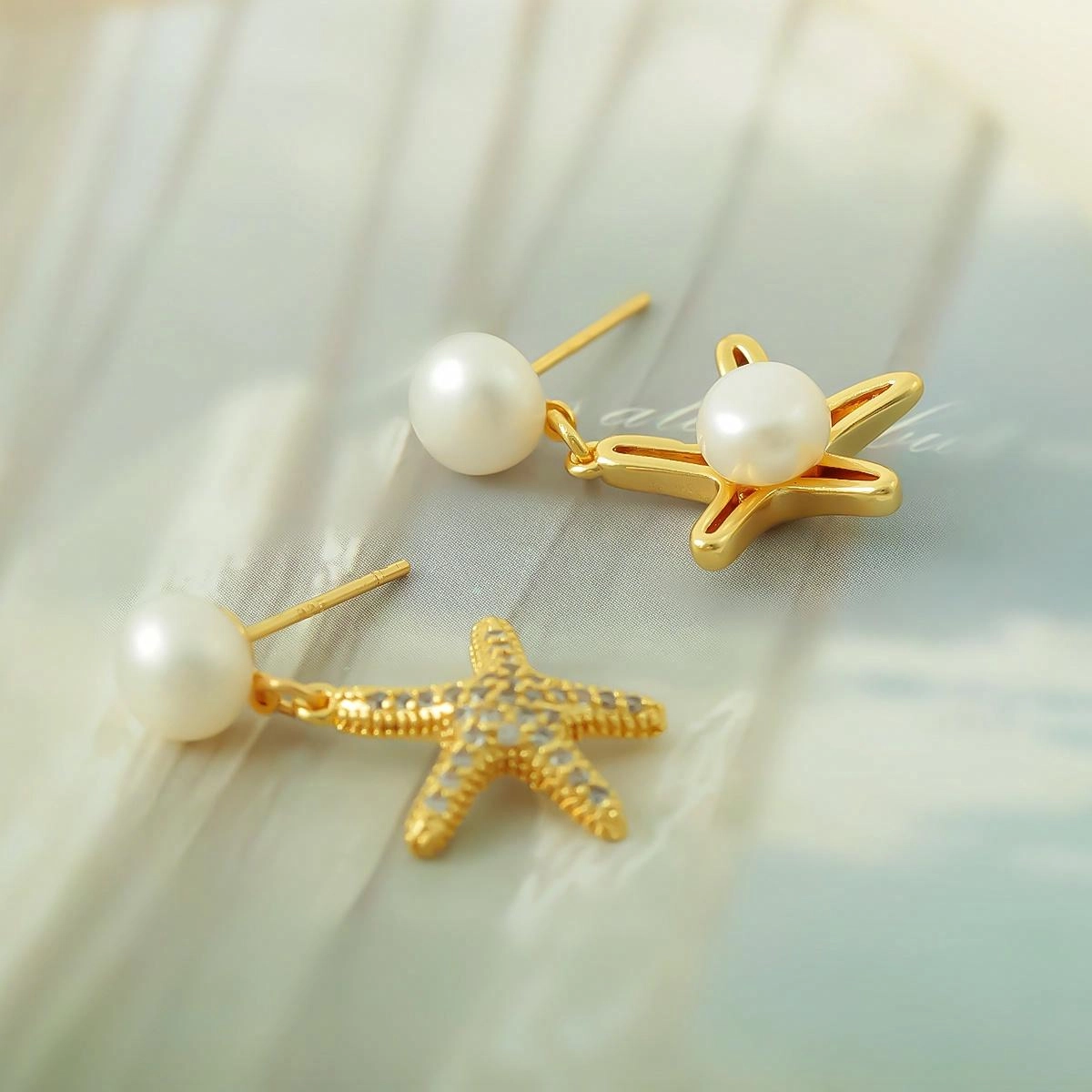 品彩 夏日风情 海星圆珠耳饰 不对称 小众设计高级感 年轻百搭时尚 淡水珍珠 耳环 女款