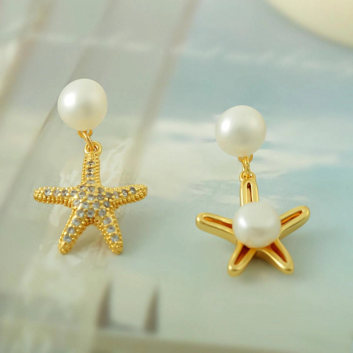品彩 夏日风情 海星圆珠耳饰 不对称 小众设计高级感 年轻百搭时尚 淡水珍珠 耳环 女款