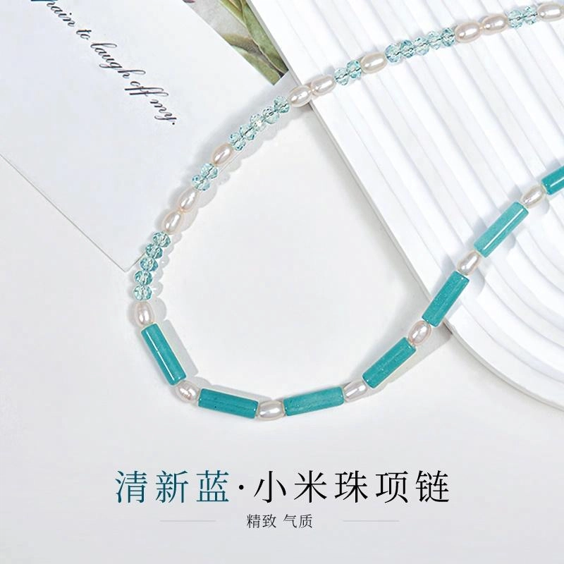 品彩 海盐薄荷 小清新百搭小米珠锁骨链 时尚个性年轻 淡水珍珠 项链 女款