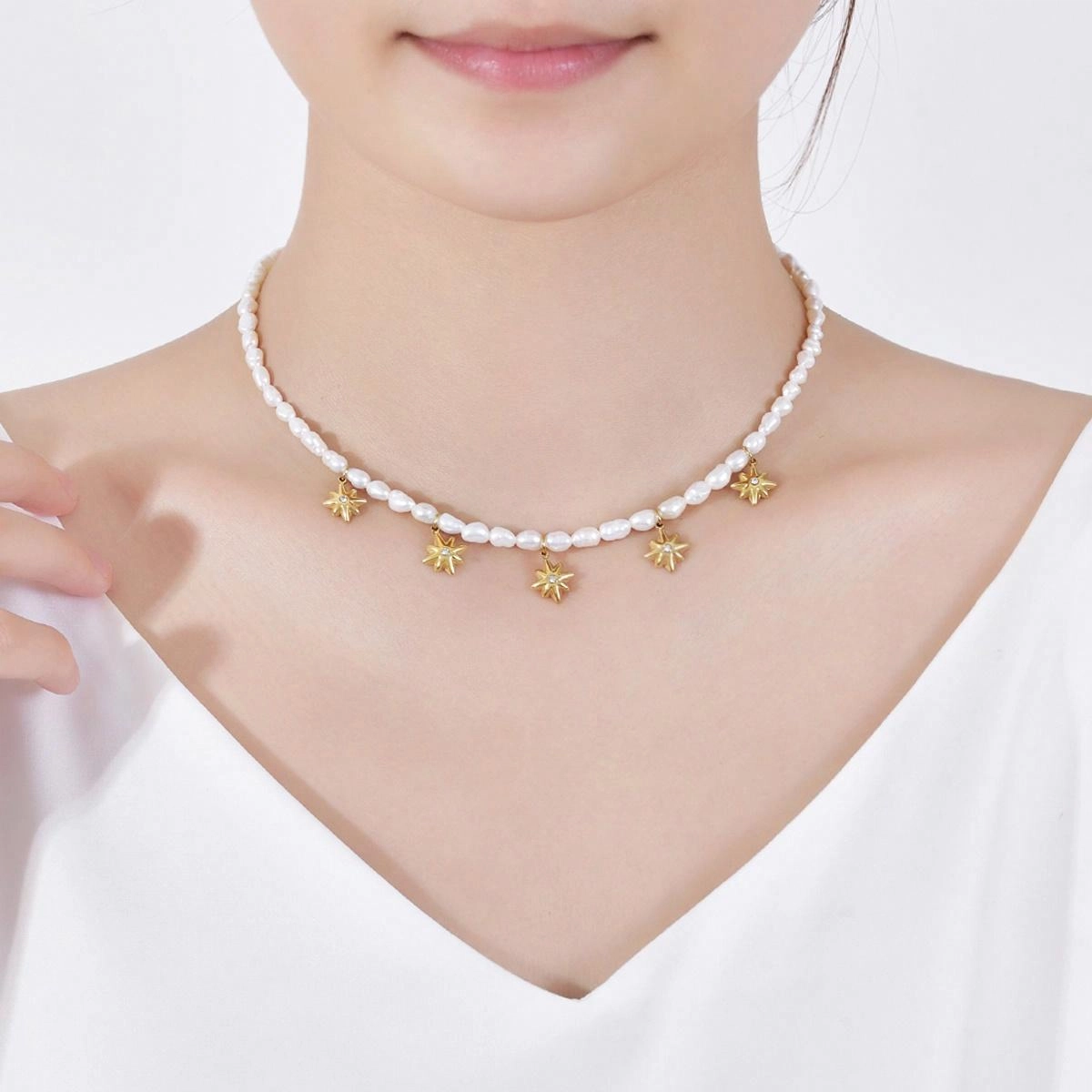 品彩 八芒星 小米珠锁骨链正品 甜美童话风  年轻气质高级感 淡水珍珠 项链 女款