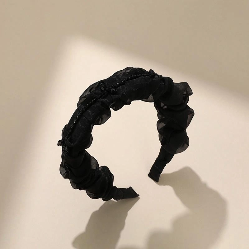 沂茹 赫本风简约日常通勤百搭气质黑色串珠褶皱宽边刘海束发高颅顶头箍文艺优雅气质减龄 布艺 发箍 女款
