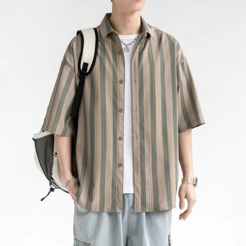 袋鼠 日系复古清新条纹百搭凉感翻领垂感宽松单排扣短袖衬衫 男女同款