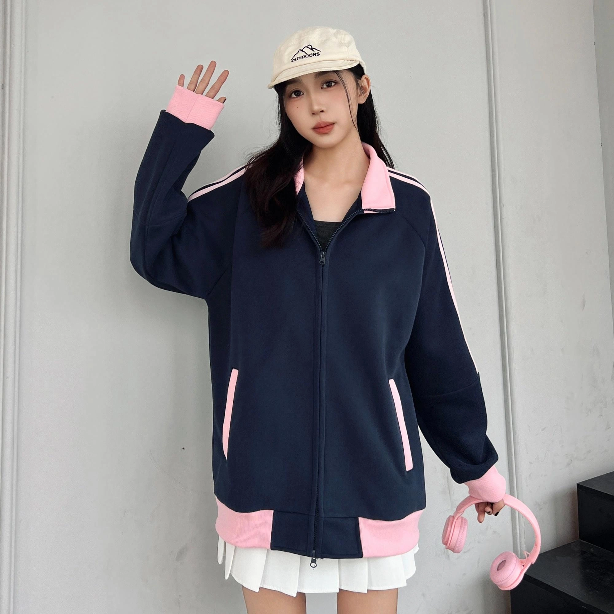 吾皇猫 高街美式复古无性别主义穿搭立领设计感侧边织带插肩袖休闲宽松运动开衫夹克外套 男女同款
