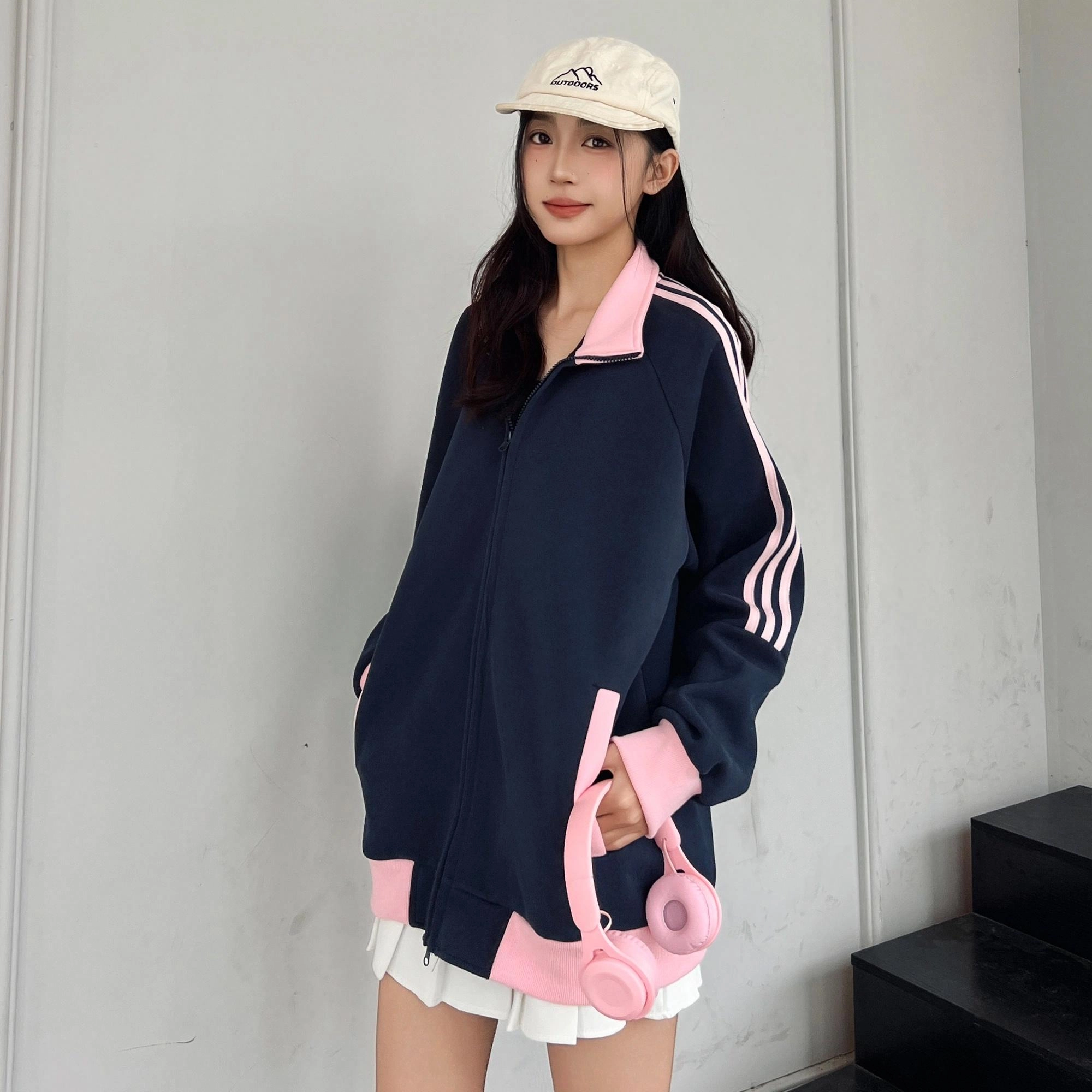 吾皇猫 高街美式复古无性别主义穿搭立领设计感侧边织带插肩袖休闲宽松运动开衫夹克外套 男女同款