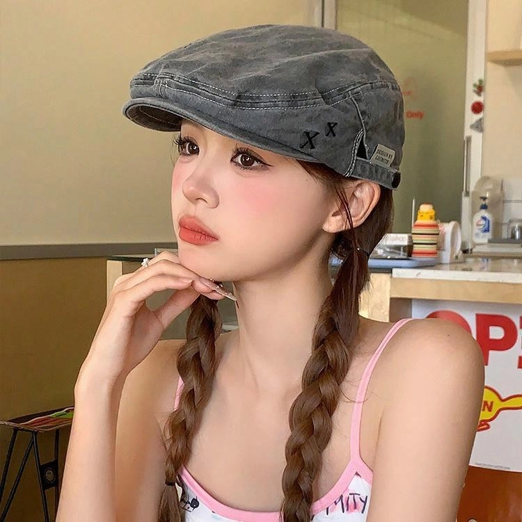 浪莎 复古牛仔前进帽英伦风大头围显脸小 棉 贝雷帽 女款