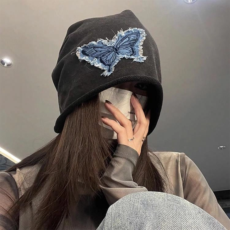 浪莎 拽姐高冷潮酷牛仔蝴蝶磨毛卷边套头帽街拍复古显脸小堆堆帽 棉 绒线帽 男女同款情侣款