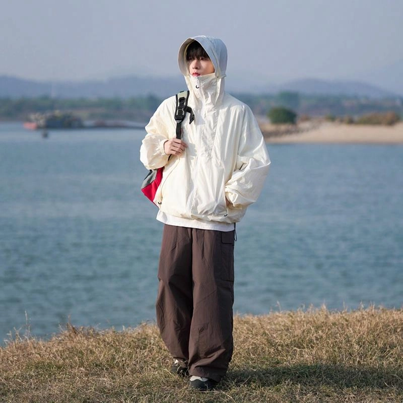 绘承 纯色日系简约轻薄宽松休闲无性别主义拉链百搭防紫外线旅游户外连帽 速干防晒服 男女同款