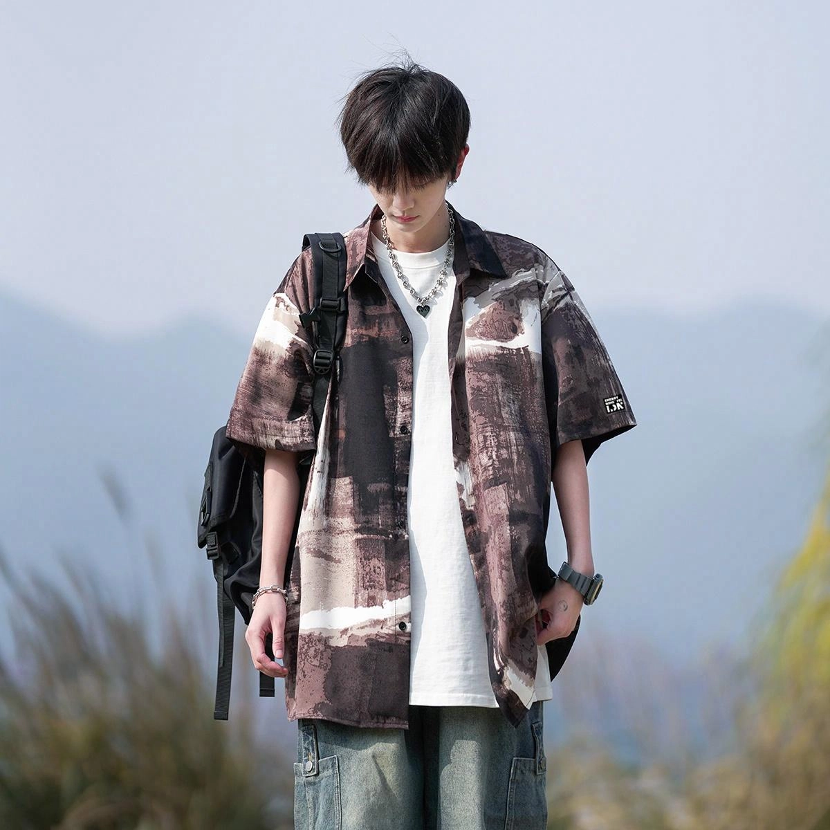 冰飞 美式复古时尚高街潮牌潮流短袖衬衫 男女同款