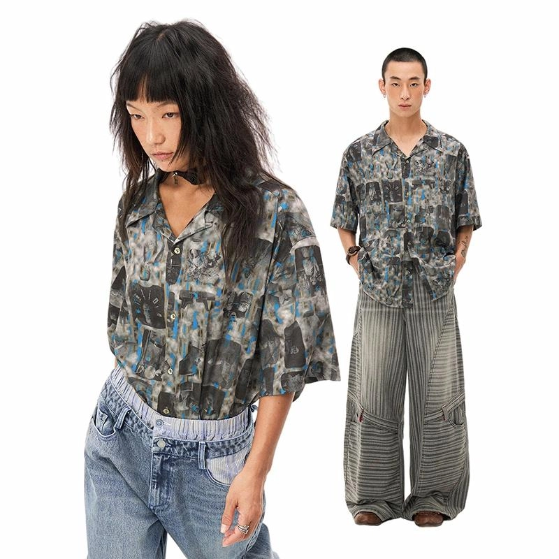 物理少年 随机快门条纹短袖宽松复古衬衫 男女同款 深灰蓝条