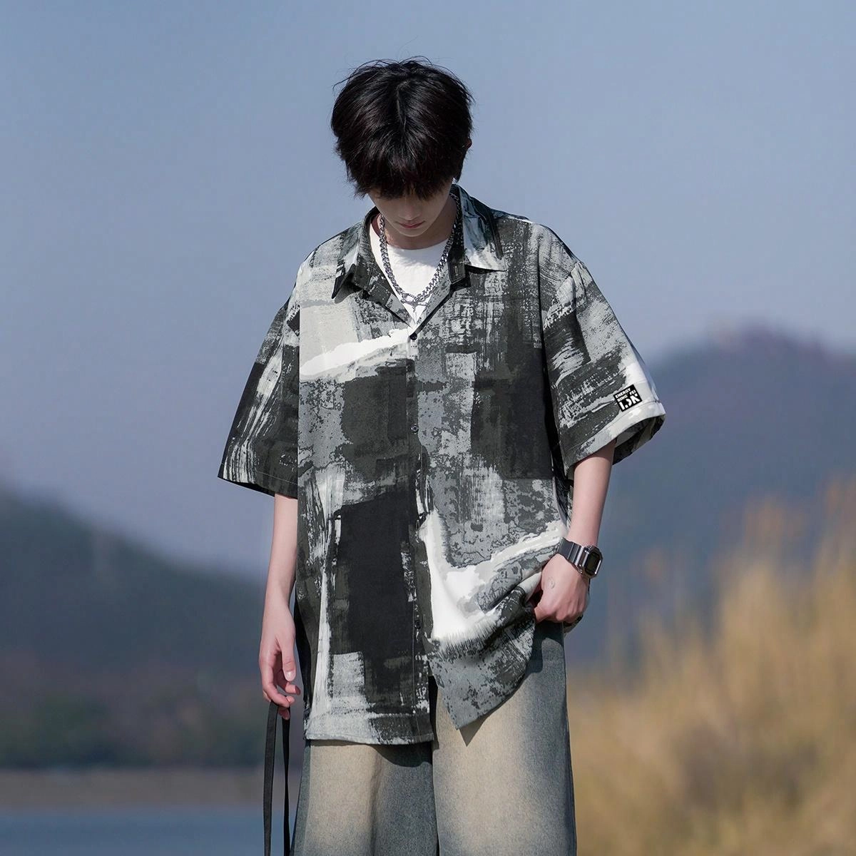 冰飞 美式复古时尚高街潮牌潮流短袖衬衫 男女同款