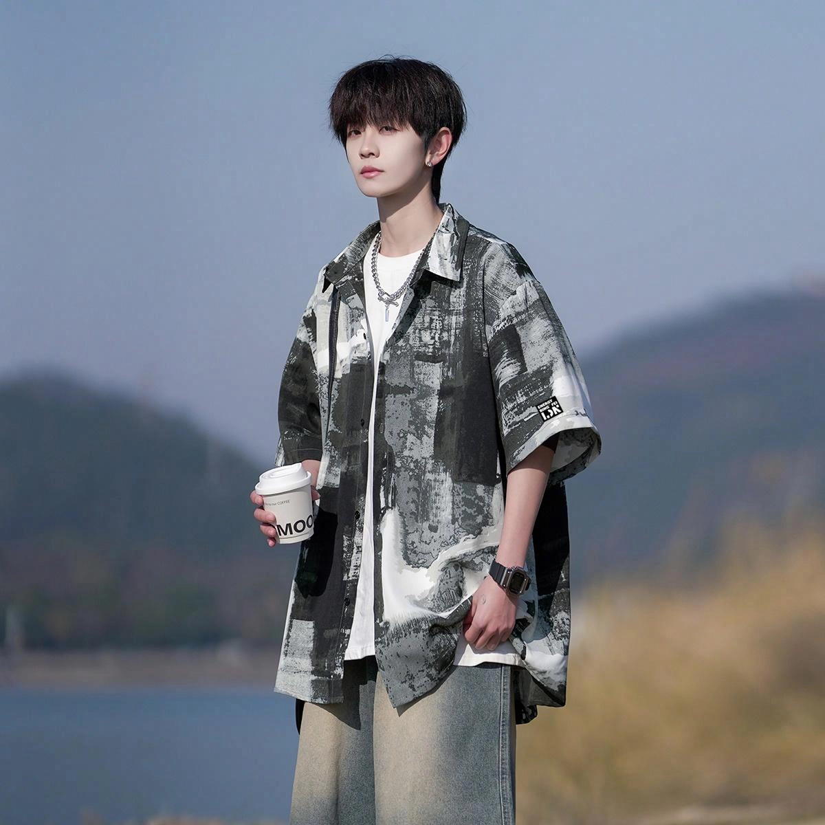 冰飞 美式复古时尚高街潮牌潮流短袖衬衫 男女同款