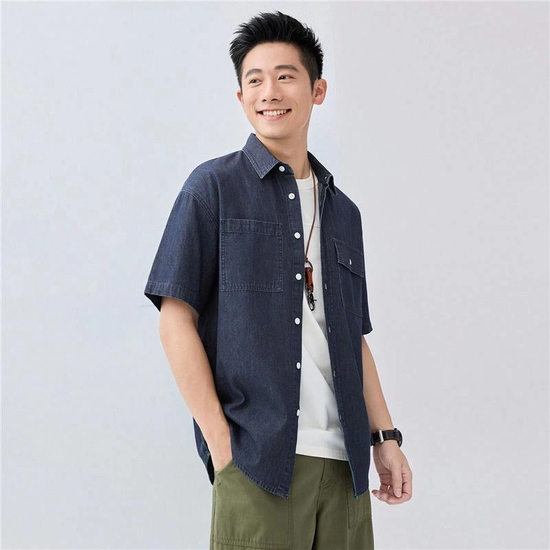 佐丹奴 时尚帅气纯棉工装口袋短袖牛仔衬衫 男款