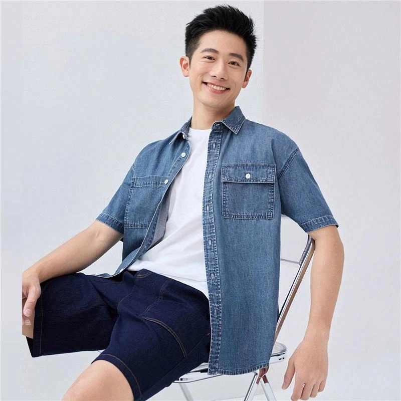 佐丹奴 时尚帅气纯棉工装口袋短袖牛仔衬衫 男款