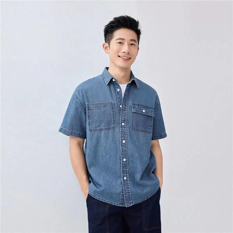 佐丹奴 时尚帅气纯棉工装口袋短袖牛仔衬衫 男款