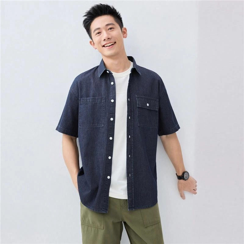 佐丹奴 时尚帅气纯棉工装口袋短袖牛仔衬衫 男款