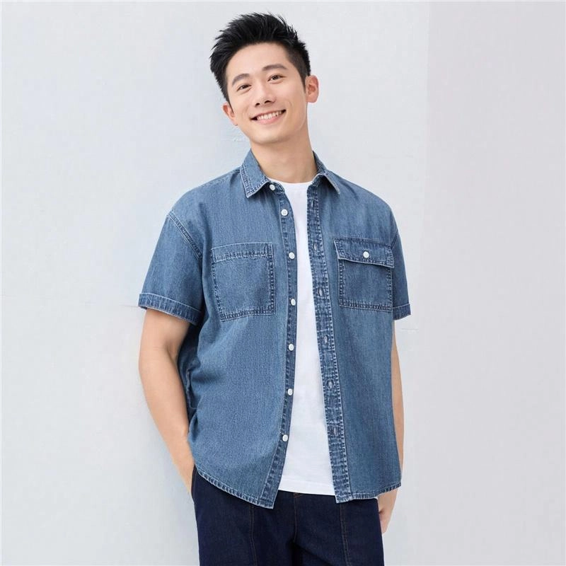 佐丹奴 时尚帅气纯棉工装口袋短袖牛仔衬衫 男款