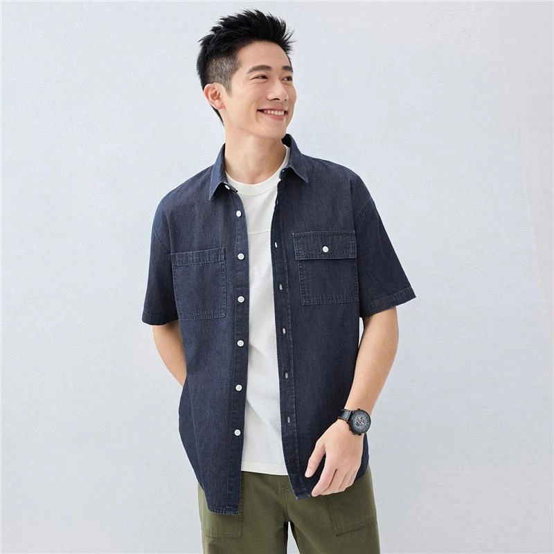 佐丹奴 时尚帅气纯棉工装口袋短袖牛仔衬衫 男款