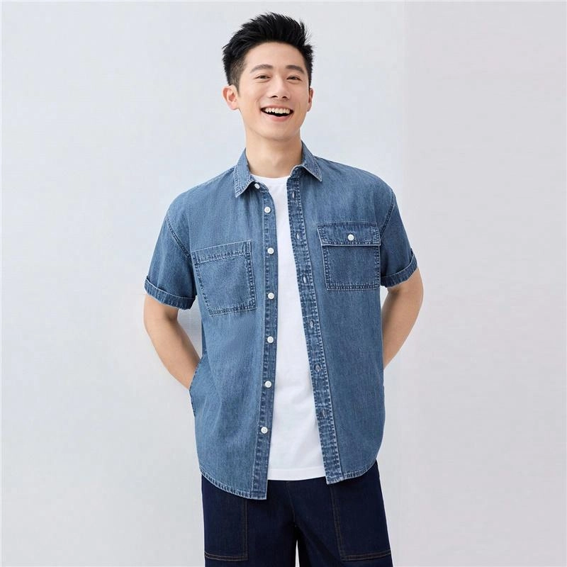佐丹奴 时尚帅气纯棉工装口袋短袖牛仔衬衫 男款
