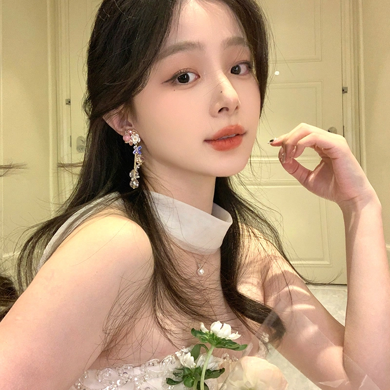 芒果饰品 多巴胺彩色水晶花朵流苏 铜 锆石 耳环 女款