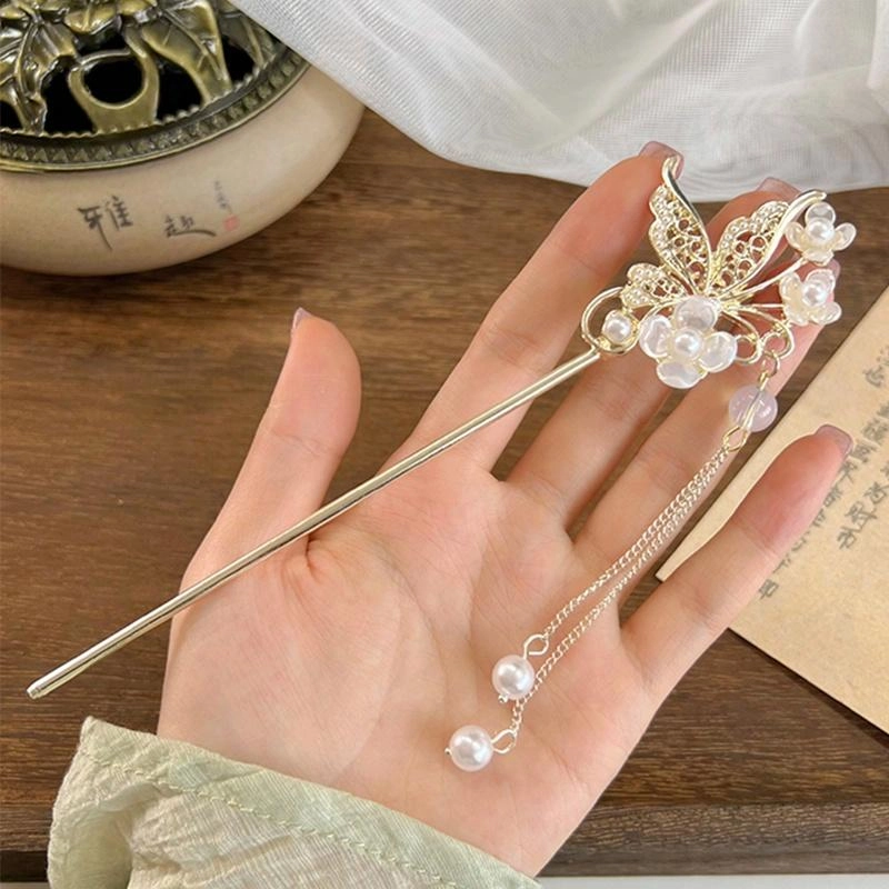 简应舒 蝶恋花珍珠流苏盘发古风步摇发钗 合金 发簪 女款