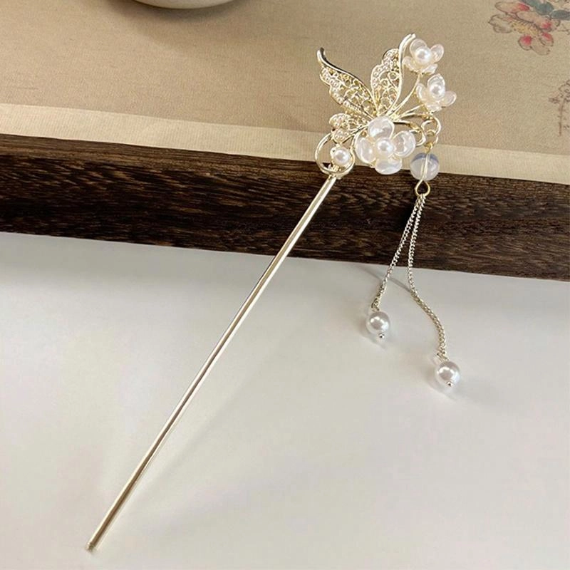 简应舒 蝶恋花珍珠流苏盘发古风步摇发钗 合金 发簪 女款