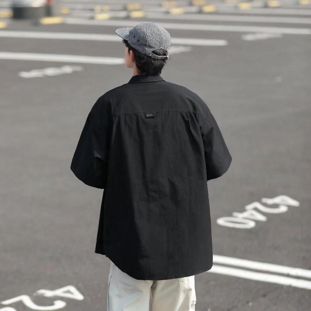 轻迎 高级感机能工装短袖男女山系街头宽松休闲翻领半袖黑色衬衣衬衫 男款