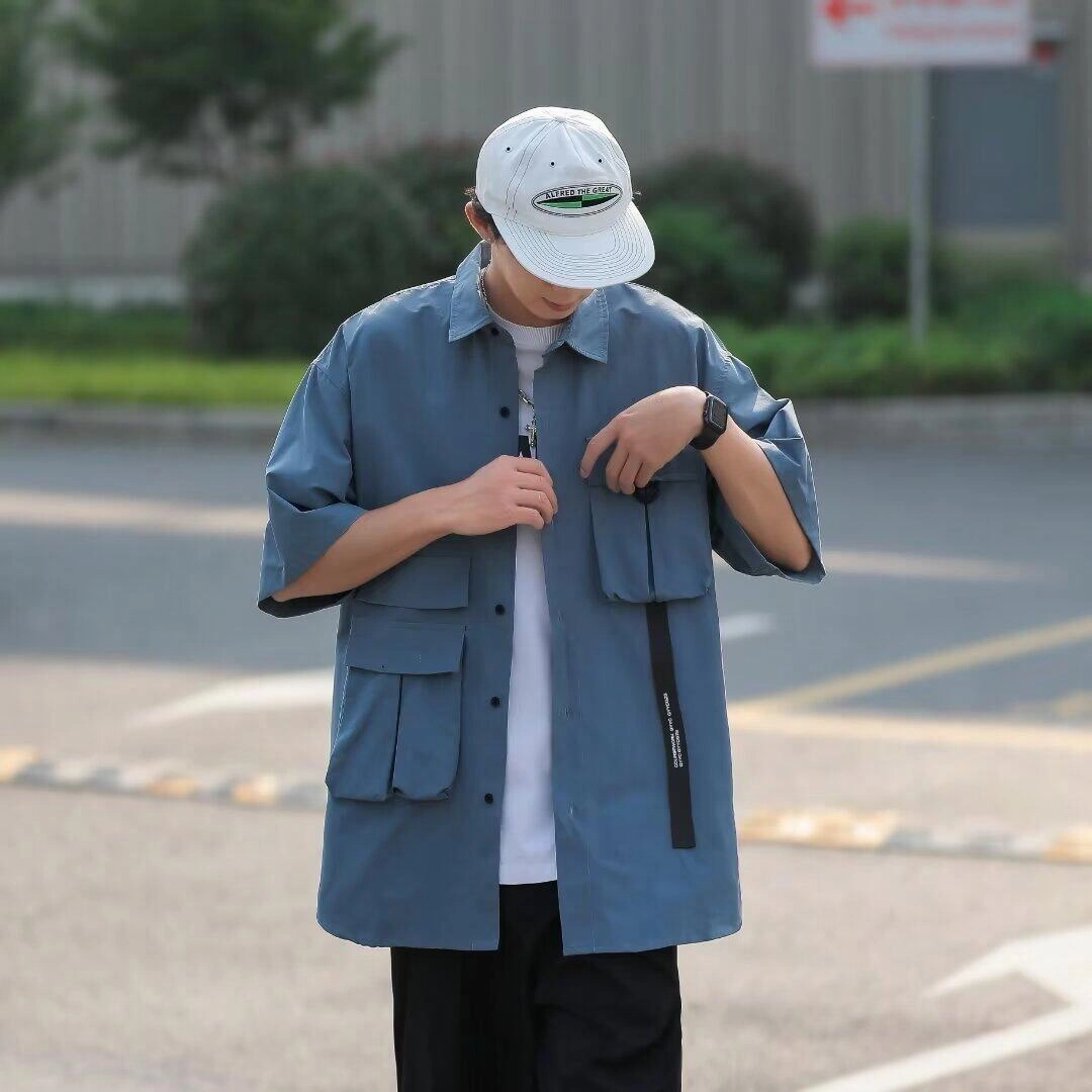 轻迎 高级感机能工装短袖男女山系街头宽松休闲翻领半袖黑色衬衣衬衫 男款