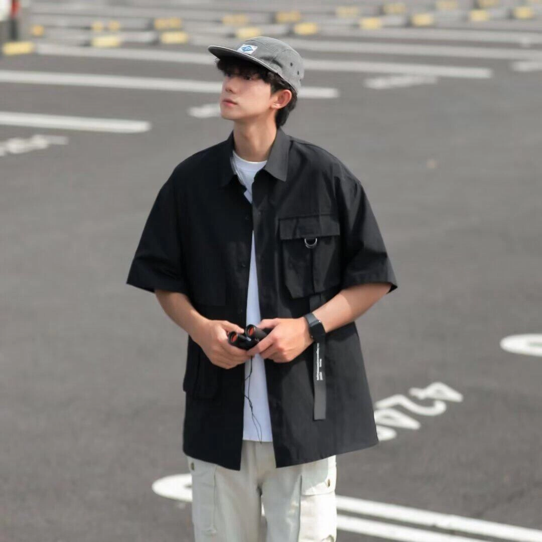 轻迎 高级感机能工装短袖男女山系街头宽松休闲翻领半袖黑色衬衣衬衫 男款