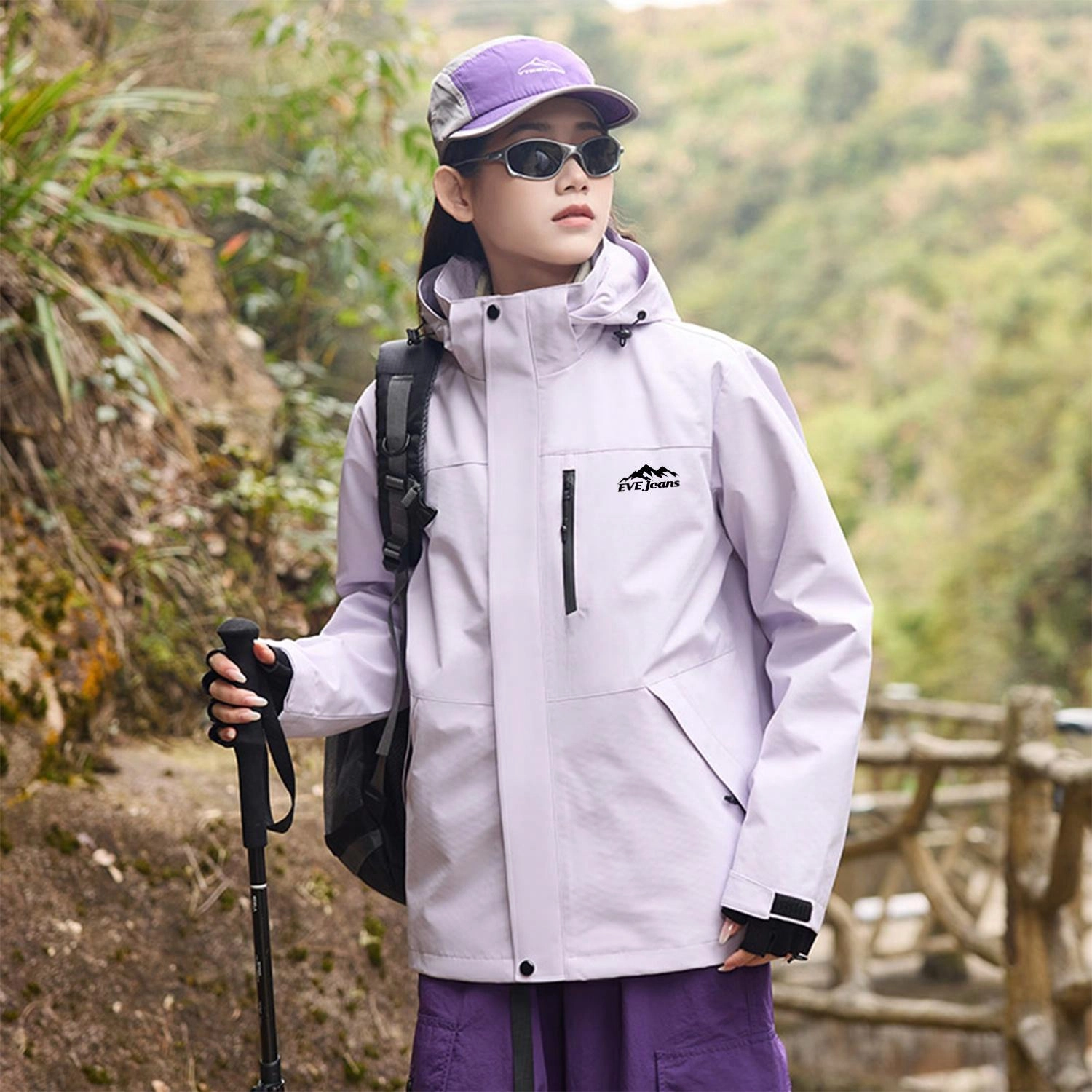 依文  美式复古潮牌山系户外纯色雪山山脉字母印花登山徒步连帽三合一休闲宽松  防水防风透气保暖冲锋衣 男女同款