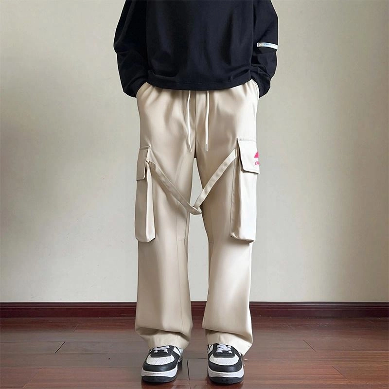 周同学 周同学 美式复古高街机能风侧边大口袋飘带设计潮流嘻哈宽松直筒休闲裤 男女同款