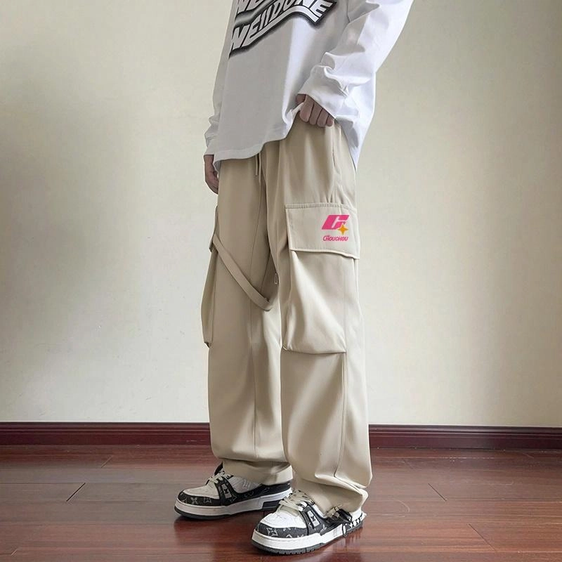 周同学 周同学 美式复古高街机能风侧边大口袋飘带设计潮流嘻哈宽松直筒休闲裤 男女同款
