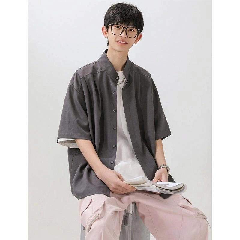 宾力克 美式宽松纯色简约基础款日常舒适随性高级感痞帅短袖衬衫 男女同款