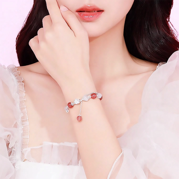 【赠暴富手机贴】 正大福 花漾桃夭 甜美少女心桃花 简约精致个性优雅小众设计梦幻粉浪漫时尚百搭#好运 玻璃猫眼 手串 男女同款情侣款