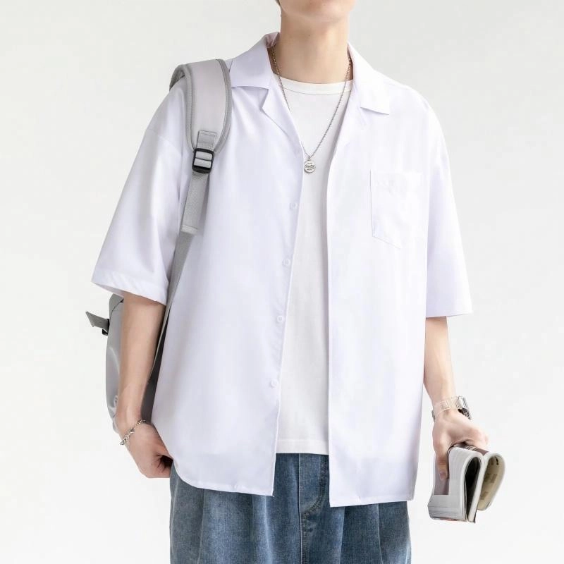 袋鼠 美式复古基础款简约纯色宽松休闲单排扣轻薄透气凉感翻领短袖衬衫 男女同款
