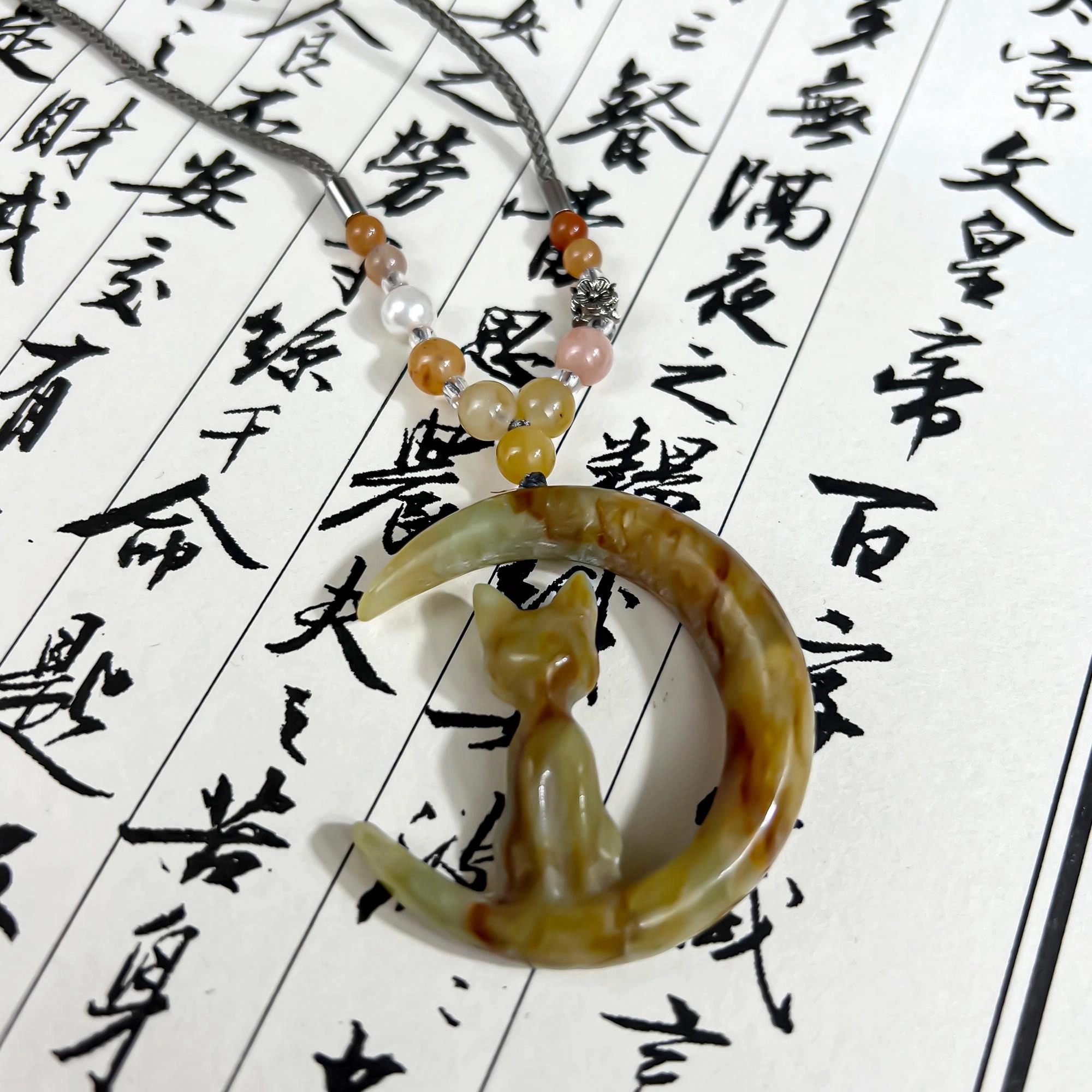 唐之饰 月亮猫花玉 新中式国风招桃花转运轻奢简约小可爱小众设计 温润大气#好运 岫玉（蛇纹石玉） 项链 男女同款情侣款